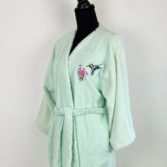 Vintage Blair Womens Terrycloth Robe Wrap Tie Embroider Hummingbird Mint Green - Picture 4 of 11